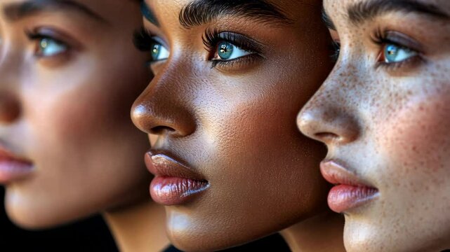 Three women with different skin tones and eye colors are standing next to each other. They all have a similar makeup style, with their eyes being the focal point. The women are smiling