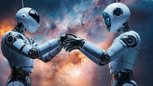 Two robots shaking hands in space, exploring the future of artificial intelligence