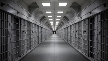 Obraz premium Empty Prison Corridor with Bars and Ceiling Lights.