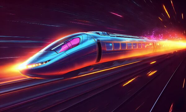 Futuristic high-speed train speeding through vibrant light trails at night.
