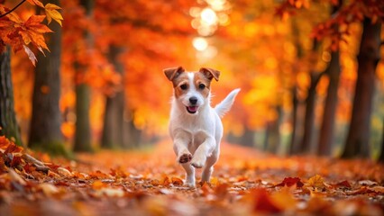 A fluffy white Jack Russell puppy is seen running in autumn leaves on a quiet alleyway surrounded by tall trees with vibrant orange and red foliage , puppy, autumn leaves