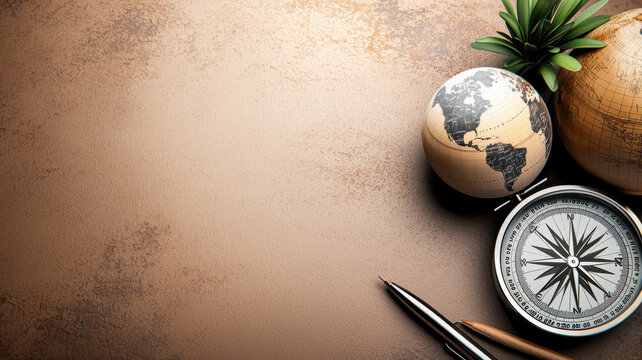 Exploration tools with globe, compass, and plant on textured background