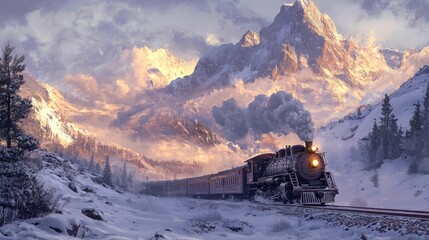 Fototapeta premium Winter Wonderland Train Journey Through Majestic Mountains