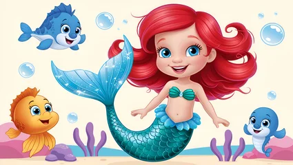 Captivating Mermaid with Pink Hair and Iridescent Shiny Scales in Vibrant Aquamarine, mermaid in the water, Cute mermaid interacts with marine life characters in an underwater fantasy world