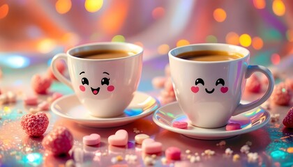 Fototapeta premium Two Cute Coffee Mugs with Candy on Pink Surface