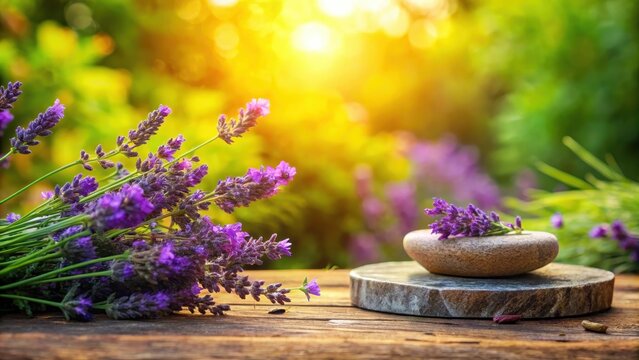 A warm stone table with lavender flowers in various stages of bloom and greenery surrounding it, soothing experience, herbal essence