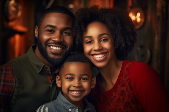 Family portrait of parents and child smiling together in a warmly lit room, enjoying quality time