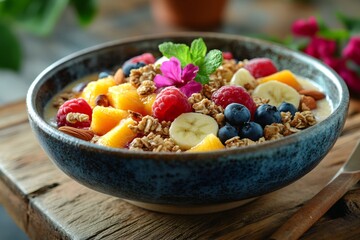 Delicious smoothie bowl with fresh fruits, granola and edible flowers