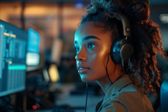 A focused young woman wearing headphones, engaged in digital work at a modern computer setup.