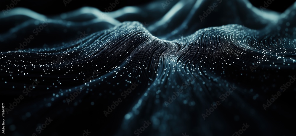 Poster abstract digital landscape with flowing lines and glowing particles creating a mesmerizing wave-like
