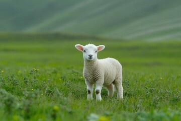 Obraz premium Lamb standing in a green field during spring season