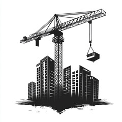 Construction site with cranes on silhouette background, building company logo