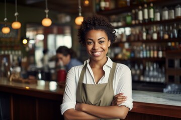 Cheerful black female bartender smiling with arms crossed, posing in a cozy bar, with a colleague working in the background