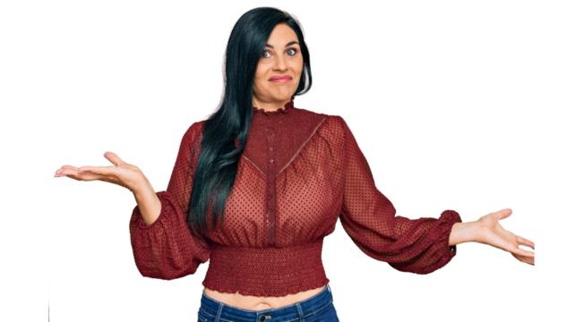 Young caucasian woman wearing casual clothes clueless and confused expression with arms and hands raised. doubt concept.