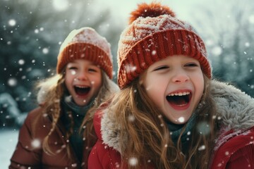 Two happy young girls are laughing under the snowfall, enjoying a winter day outdoors