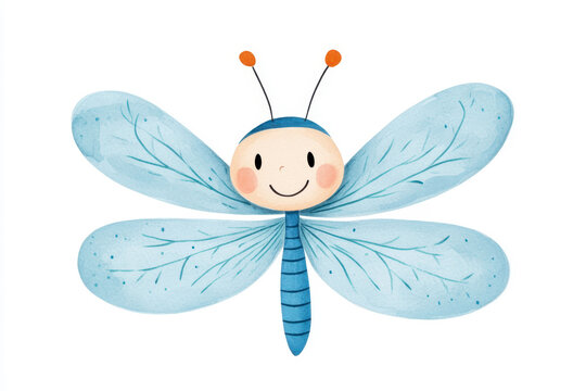 Adorable watercolor dragonfly cartoon illustration for children's nursery decor