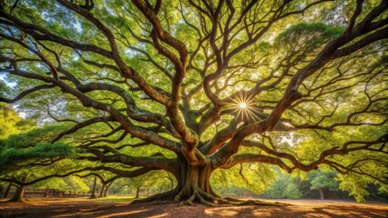 Fototapeta premium A majestic, ancient tree with gnarled branches and a sprawling canopy, its leaves shimmering in the dappled forest light , heartwood tree, ancient tree