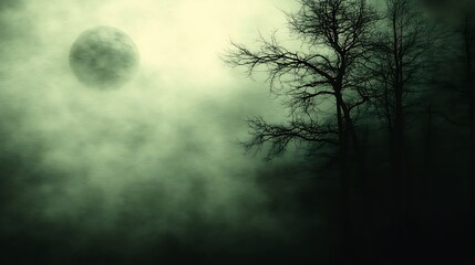 Fototapeta premium Eerie Moonlight: Foggy Forest and Silhouetted Trees