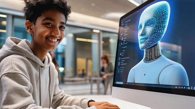 Young student programming ai humanoid robot on computer in university science lab