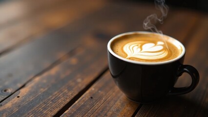 Aromatic coffee beverage with latte art in a dark cup on rustic wood