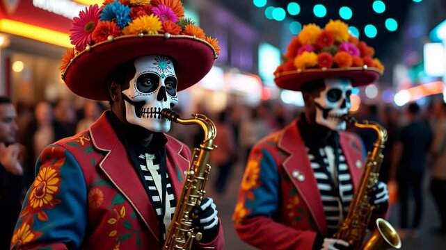 Two musicians play saxophones, dressed in elaborate costumes, bringing energy and joy to the lively street festivities with vibrant colors