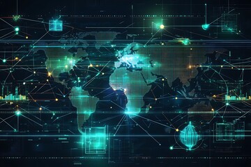 A global business connections with glowing network lines, digital maps, dark background, future of AI, AI Technology