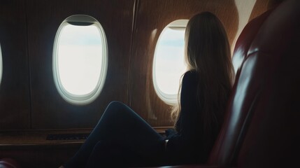 Fototapeta premium A businesswoman s girlfriend enjoys the view from a private jet window on their luxurious journey