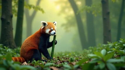 Fototapeta premium A red panda sitting in a lush forest, delicately holding a piece of bamboo