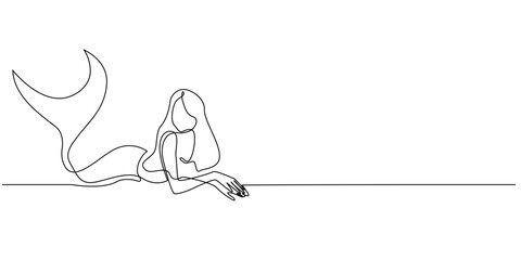 continuous line drawing of mermaid.one line drawing of mermaid fantasy character children's story.single line vector illustration.isolated white background