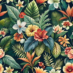 Vibrant Tropical Flowers and Leaves Seamless Pattern