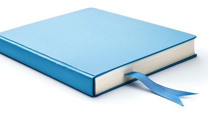 A blue book with a blue ribbon on the spine