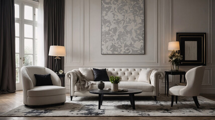 Luxurious living room with black and white decor and large windows offering natural light Contemporary Interior Design Inspiration