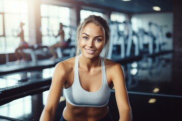 Fototapeta premium Smiling sporty woman posing in a fitness center after working out