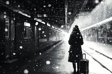 A woman with a suitcase waiting anxiously on a cold train platform as snow continues to fall. The louds, Generative AI