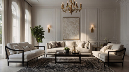 Minimalist living room with black and white decor large windows and plush luxury couch Contemporary Interior Design Inspiration