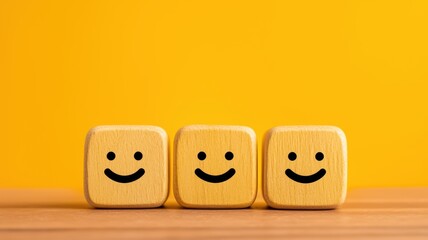 Three yellow blocks with smiling faces against a bright yellow background create a cheerful and positive vibe.