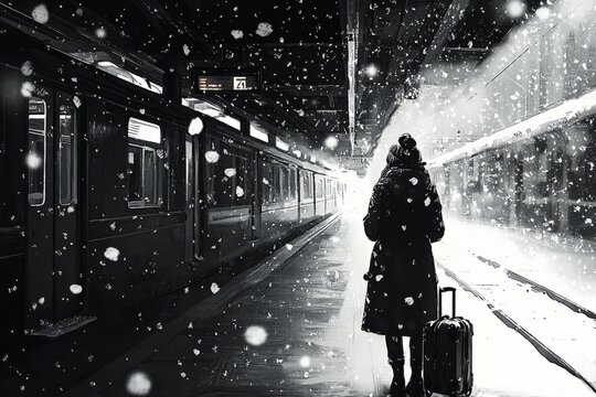 A woman with a suitcase waiting anxiously on a cold train platform as snow continues to fall. The louds, Generative AI