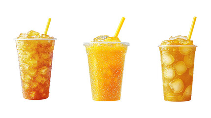 Three Different Iced Beverages in Plastic Cups with Yellow Straws, Isolated on Transparent and White Background