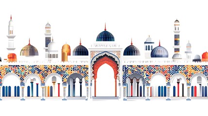 Colorful Mosque Architectural Illustration Featuring Domes and Minarets