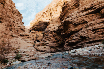 Narrow passage between rock formations near Tabas, Iran. A stream flows through this dramatic landscape. Photographed on November 12, 2024
