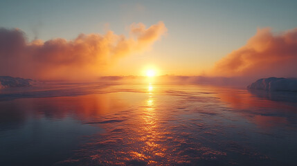 Photography of a frozen lake at dawn, with golden sunlight peeking through the mist and casting warm hues over the frosted landscape, creating an atmosphere of calm and stillness.