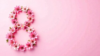 International Women's Day. Banner, flyer, beautiful postcard for March 8. Flowers in the shape of the number 8 on a pink background.