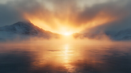 Obraz premium Photography of a frozen lake at dawn, with golden sunlight peeking through the mist and casting warm hues over the frosted landscape, creating an atmosphere of calm and stillness.