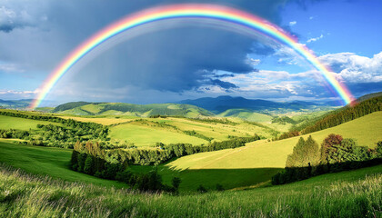 Arco iris en una panoramica de un paisaje campestre con montañas en el horizonte, imagen inspiradora para marcas que buscan comunicar valores positivos, compromiso social y visión de futuro