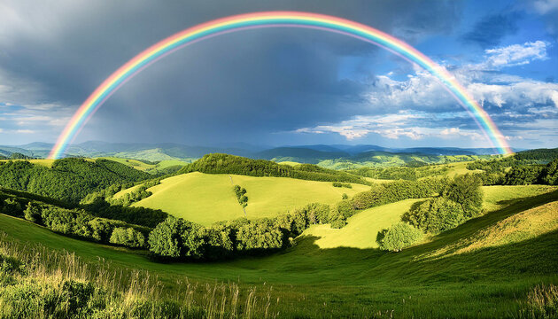Arco iris en una panoramica de un paisaje campestre con monta&ntilde;as en el horizonte met&aacute;fora de esperanza, uni&oacute;n y diversidad que invita a so&ntilde;ar con un mundo m&aacute;s equilibrado, solidario y lleno de vida
