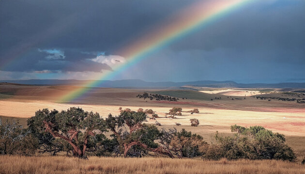 Panoramica de un paisaje campestre con un arco iris en el horizonte