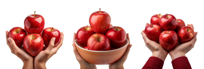 Fresh red apples held in hands and a bowl, representing healthy eating and nutrition.