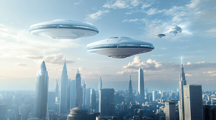Naklejka premium Futuristic white flying ships above futuristic skyscrapers, flying cars in the sky, wide shot, blue skies, photorealistic