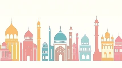 Obraz premium Colorful Skyline Featuring Various Islamic Mosques and Minarets