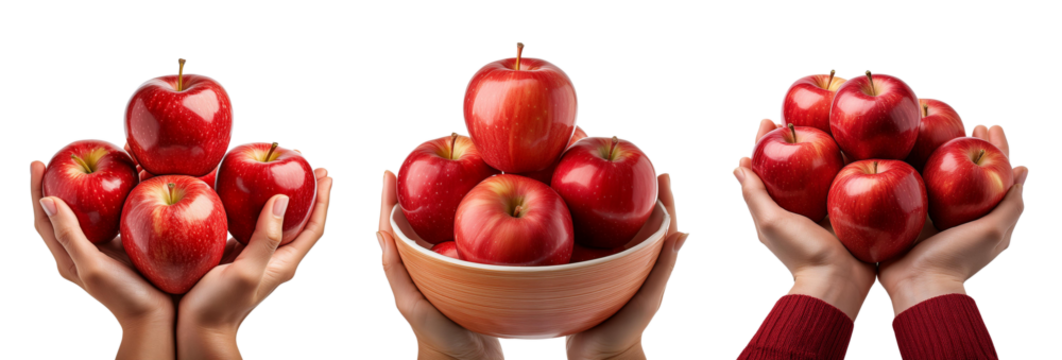 Fresh red apples held in hands and a bowl, representing healthy eating and nutrition.